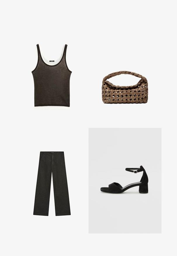 Dark brown sleeveless tank top with a white horizontal hem. Made from lightweight fabric, featuring a round neckline and minimalist design.; Wide-leg black denim pants featuring a mid-rise waist, two front pockets, and a clean, minimalist design with no visible embellishments.; Black suede heeled sandals with a thin ankle strap, open toe design, and a modest block heel. Smooth texture and minimal accents.; Woven brown handbag with a rectangular shape, structured handle, and textured surface. Features a closed top and intricate weaving pattern.
