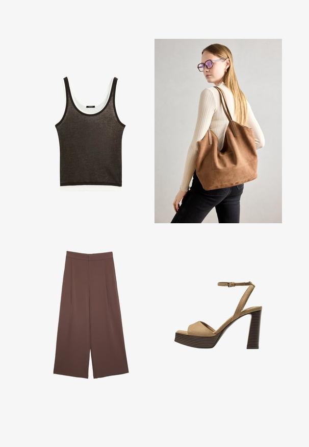 Donkerbruin mouwloos tanktop met een witte horizontale zoom. Gemaakt van lichtgewicht stof, met een ronde halslijn en een minimalistisch ontwerp.; Bruine wijde broek met een gladde textuur, voorzien van een hoge taille en plooien aan de voorkant. De stof is lichtgewicht en valt losjes.; Beige suède hoge hakken sandalen met een brede voorband en enkelband, met een dikke houten blokhak met een gestructureerde afwerking.; Bruine suède totebag met zachte textuur, grote opening en lange hengsels. Het heeft een eenvoudig ontwerp met zichtbare stiksels en geen hardware.