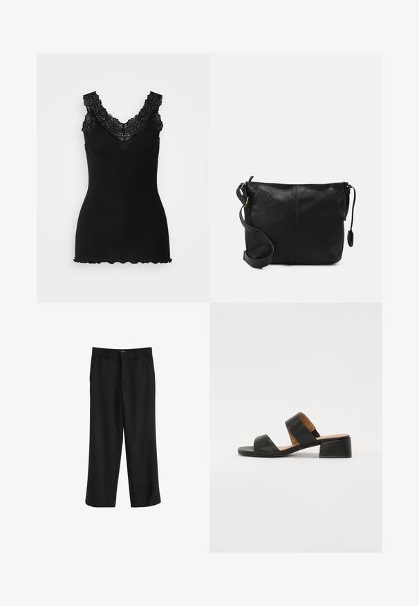 Black ribbed tank top with lace accents along a V-neckline and scalloped hem. The texture is soft, enhancing its fitted design.; Black trousers with a smooth fabric, straight leg design, and flat front pockets. Features a waistband with belt loops. No visible patterns.; Black leather sandal with two wide straps across the foot, a square toe, and a low block heel. Smooth texture and minimal design.; Black leather crossbody bag with a flat shape, gold hardware accents, and an adjustable strap. Smooth texture with minimal stitching details.
