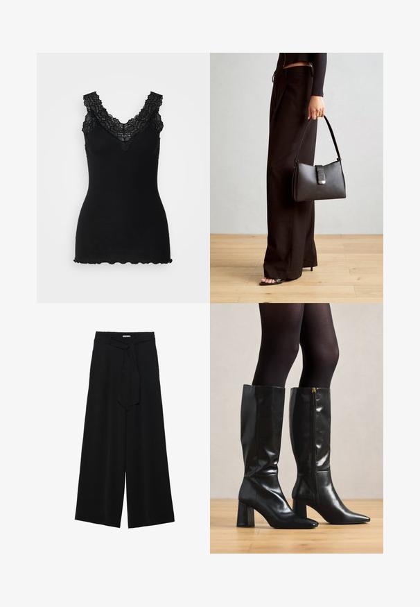 Zwarte geribde tanktop met kantaccenten langs een V-halslijn en een golvende zoom. De textuur is zacht, wat het aansluitende ontwerp versterkt.; Zwarte wijde broek van textuurstof, met een elastische tailleband en een afneembare sjaalstrik in de taille voor een verstelbare pasvorm.; Zwart leren laarzen tot de knie met een glanzende afwerking, een spitse neus en een chunky hak. Zijrits detail voor een gemakkelijke instap.; Zwarte handtas met gestructureerde vorm, gladde textuur en een metalen sluiting. Gecombineerd met brede zwarte broeken en sandalen met open teen op een houten vloer.