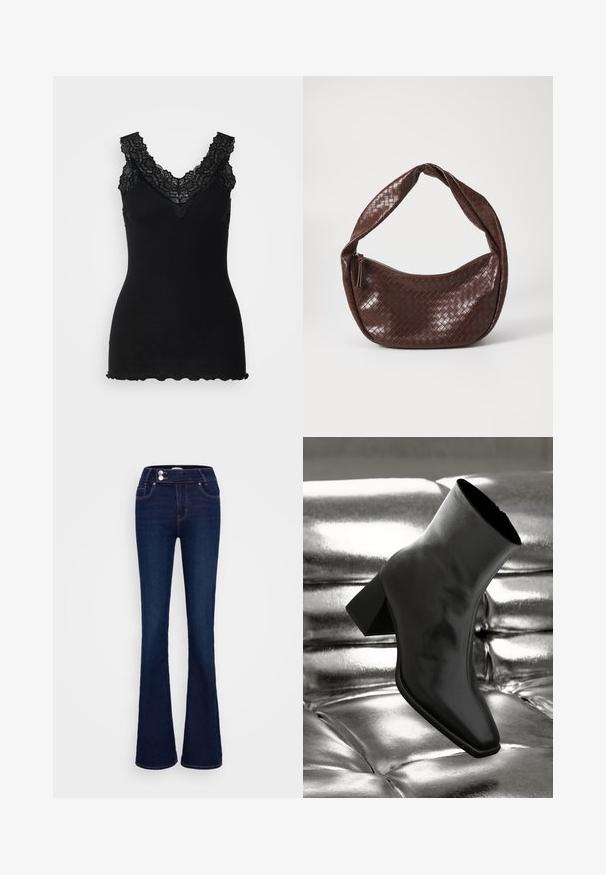 Czarny rypsowy top na ramiączkach z koronkowymi zdobieniami wzdłuż dekoltu w kształcie litery V i falbaniastym końcem. Tekstura jest miękka, co podkreśla dopasowany krój.; Granatowe dżinsy w fasonie dzwonów z wysokim stanem, dwiema przednimi kieszeniami oraz dwoma zapięciami na guziki. Wykonane z denimowej tkaniny o gładkiej fakturze.; Czarne botki za kostkę wykonane z błyszczącego materiału, z kwadratowym noskiem i zwężającym się obcasem, na tle błyszczącego srebrnego tapicerowanego tła.; Brązowa, pleciona skórzana torba z zakrzywionym, zawiązanym uchwytem i zamknięciem na zamek. Gładka tekstura i zaokrąglony kształt.