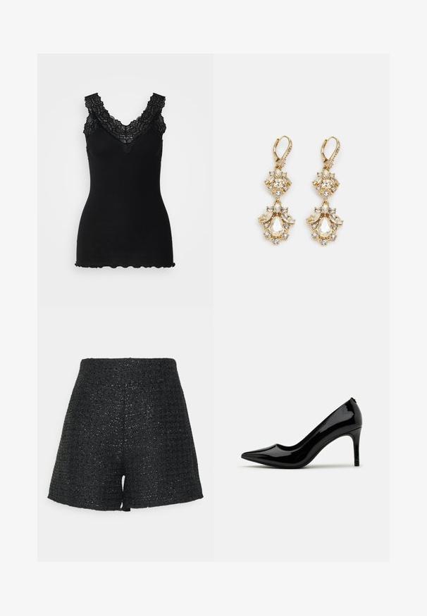 Juoda rubuota liemenė su nėrinių akcentais aplink V formos iškirpę ir banguotą apatinę dalį. Audinio tekstūra yra minkšta, pabrėžianti jos prigludusį dizainą.; Juodi austi šortai su tekstūruotu paviršiumi ir subtiliu blizgesiu. Funkcijos aukštas liemuo ir struktūrizuota A formos siluetas.; Juodas lakinės odos aukštakulnis batelis su smailiu nosiu ir elegantiška siluetu, pasižymintis glotnia tekstūra ir minimalistiniu dizainu.; Auksinės spalvos kabančios auskarai su klasterio dizainu, pidarančiais apvalių ir ašaros formos skaidrių kristalų, demonstruojantys išsamius detalizavimus.