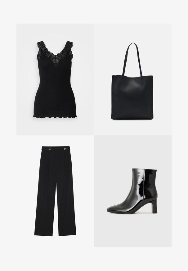 Black ribbed tank top with lace accents along a V-neckline and scalloped hem. The texture is soft, enhancing its fitted design.; Black wide-leg trousers with high waist, button details on waistband, and front pleats.; Black patent leather ankle boot with a pointed toe and a mid-height block heel. Smooth texture and minimalist design.; Black leather tote bag with smooth texture, rectangular shape, and two long handles. No visible hardware or embellishments.
