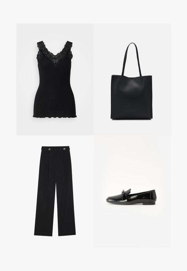 Top in cotone nero a coste con dettagli in pizzo lungo un scollo a V e orlo scallop. La texture è morbida, esaltando il suo design aderente.; Pantaloni neri a gamba larga con vita alta, dettagli con bottoni in vita e pieghe frontali.; Mocassino in pelle verniciata nera con suola piatta, punta arrotondata e una fascia decorativa con accento in tonalità oro. Finitura liscia e lucida.; Borsa tote in pelle nera con texture liscia, forma rettangolare e due manici lunghi. Nessun hardware o decorazione visibile.