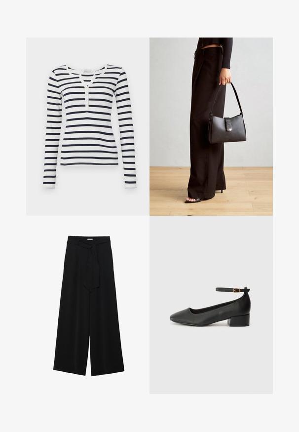Langärmliges, gestreiftes T-Shirt in Weiß und Marineblau. Rippstruktur mit rundem Ausschnitt und vierknöpfiger Blende an der Vorderseite.; Schwarze weite Hosen aus strukturiertem Stoff, mit elastischem Bund und einem abnehmbaren Bindegürtel in der Taille für eine verstellbare Passform.; Schwarze Lederpumps mit spitzem Zehenbereich und niedrigem Blockabsatz. Mit einem Knöchelriemen und einer goldfarbenen Schnalle. Glatte Textur.; Schwarze Handtasche mit strukturierter Form, glatter Textur und einem metallischen Verschluss. Kombiniert mit weiten schwarzen Hosen und offenen Sandalen auf einem Holzboden.