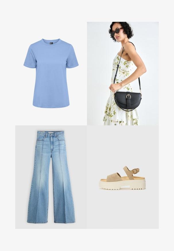 Lys blå bomulls t-skjorte med rund hals, korte ermer og rett kant. Glatt tekstur, uten mønstre eller utsmykninger.; Lyseblå høytlivsjeans med vide ben, front- og baklommer, beltehemper og vertikale sømdetaljer foran.; Suede sandaler i lys beige med en bred rem og justerbar ankelspenne. Krafitg hvit såle med teksturert mønster for godt grep.; Svart lærveske med en buet form, avtagbar stropp og gullbeslag. Vesken har et klaff med spenne-detall.