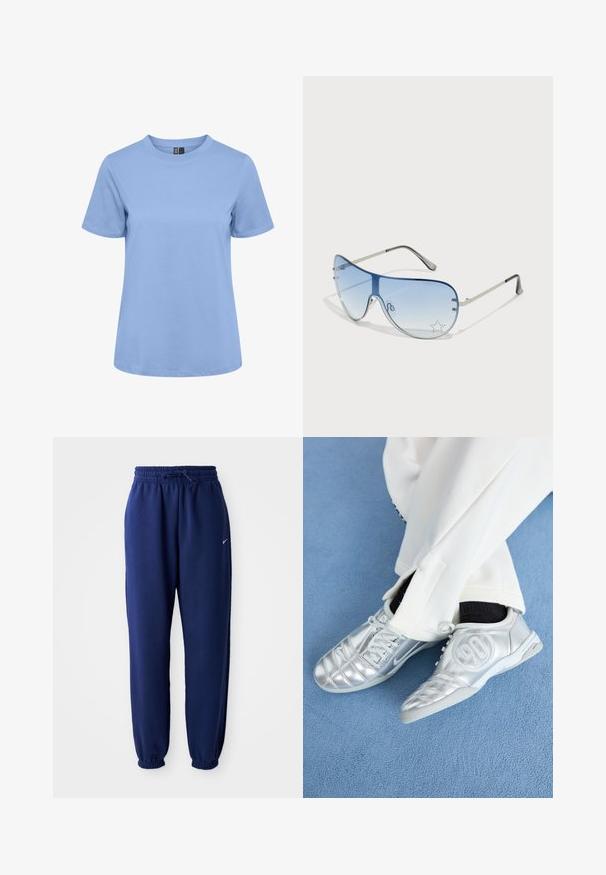 Gaiši zila kokvilnas T-krekls ar apaļu kaklu, īsām piedurknēm un taisnu apakšmalu. Gluda tekstūra, bez rakstiem vai rotājumiem.; Navy zila sporta bikses, izgatavotas no mīksta auduma, ar elastīgu jostu ar auklu, elastīgiem piedurknēm un mazu balto logo.; Sudraba sporta apavi ar gludu, spīdīgu apdari, ar šūtu dizainu un numuru 90 sānos, apvienoti ar baltām biksēm.; Pilotstila saulesbrilles ar gradienta zilām lēcām, sudraba metāla rāmjiem un dekoratīvām zvaigžņu akcentiem uz lēcām. Gluda un eleganta dizaina.
