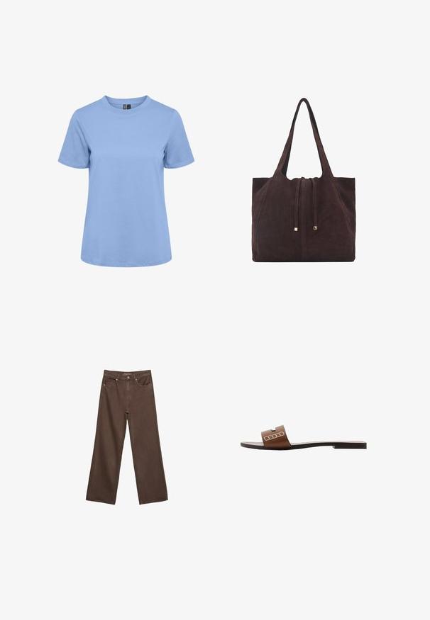 Lyseblå bomulds t-shirt med rund hals, korte ærmer og lige afslutning. Glat tekstur, ingen mønstre eller udsmykninger.; Bredde ben brun denim jeans med høj talje, forlommer og klassisk knaplukning. Glat tekstur med diskret syninger.; Brun lædersandal med flad sål, der har en bred rem og hvide geometriske detaljer for et minimalistisk design.; Mango Shopping bags - dark brown