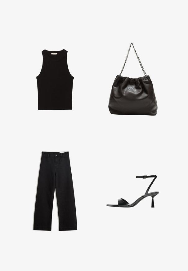 Sort ærmeløs tanktop i et glat, strækbart stof; har en rund halsudskæring og et tætsiddende design uden yderligere mønstre eller kontraster.; Sorte wide-leg denim bukser med høj talje, der har front- og baglommer, syede sømme og en knaplukning. Glat tekstur.; Bershka Højhælede sandaletter / Højhælede sandaler - black; Brun lædertaske med en rynket top og en kædestrop. Glat tekstur med en blank finish og subtile sømdetaljer på siderne.