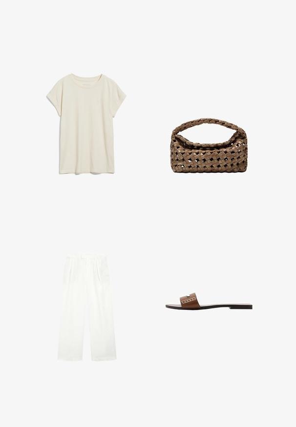 Cremfarbene Kurzarm-T-Shirt aus weicher Baumwolle mit einem runden Halsausschnitt und umgeschlagenen Ärmeln. Schlichtes Design ohne Muster.; Weiße, weite Hosen aus leichtem Stoff, mit flachem Vorderteil, Falten und einem Bund, die eine lockere, luftige Passform bieten.; Braune Leder-Slidesandalen mit flacher Sohle, ausgestattet mit einem breiten Riemen und weißen geometrischen Akzenten für ein minimalistisches Design.; Geflochtener brauner Handtasche in rechteckiger Form, mit strukturiertem Griff und texturierter Oberfläche. Verfügt über einen geschlossenen oberen Teil und ein ausgeklügeltes Geflechtmuster.