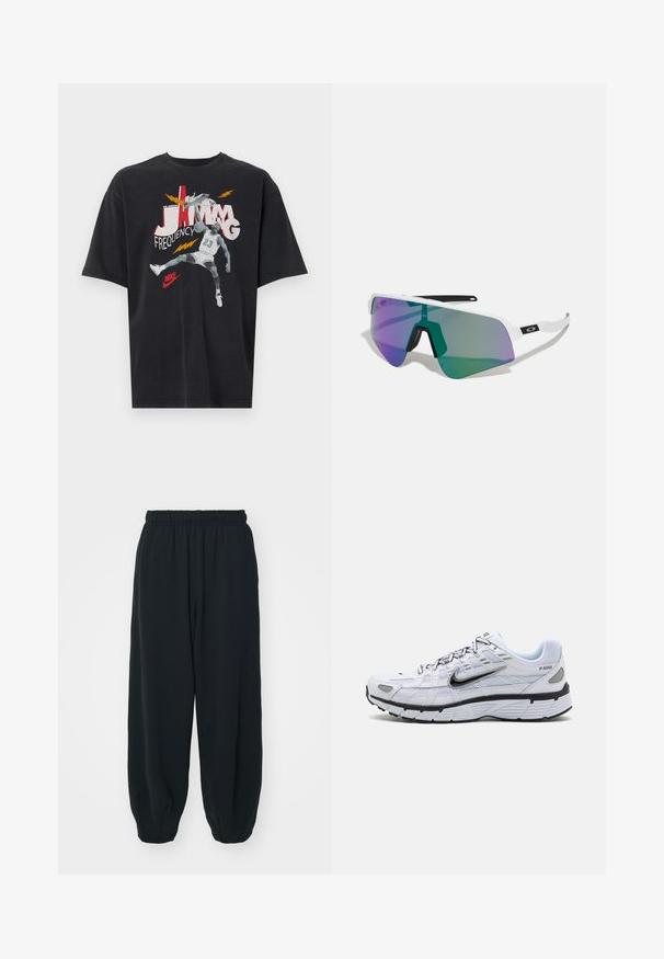 Melnas īsām piedurknēm T-krekls ar grafiku, kurā attēlots basketbolists, vārds "JAMMING" un zibens detaļas sarkanā un dzeltenā krāsā. Klāt ir Nike logo.; Melnas sporta bikses ar elastīgu jostasvietu, brīvu piegriezumu, aprocēm ap potītēm, gludu tekstūru, un bez redzamām rakstu vai aparatūras akcentiem.; Baltie skriešanas apavi ar sietu augšdaļu, noapaļota purna daļa, melni akcenti un rakstains zole. Iekļauj mežģīņu sistēmu un zīmolu uz sāniem.; Sporta saulesbrilles ar baltu rāmi un lielām gradienta lēcām, kas ir purpursarkanas un zaļas; asu stūrainu dizainu ar centrālu deguna tiltu.