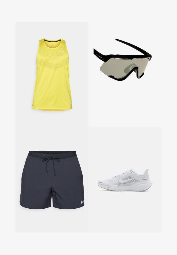 Camiseta deportiva amarilla sin mangas con escote redondo, patrón texturizado en la parte superior y aberturas laterales para facilitar el movimiento. Logo de Nike en blanco.; Pantalones cortos de running de Nike, color gris oscuro, con cintura elástica y cordón de ajuste, bolsillos laterales, tejido ligero, con un logo blanco de Nike en el dobladillo inferior.; Zapatilla deportiva blanca con parte superior de malla, sobrecapas de textura suave, acentos en gris, cordones y una suela acolchada diseñada para el rendimiento.; Gafas de sol deportivas negras con un diseño envolvente, que cuentan con grandes lentes grises y un marco robusto con acentos blancos y un logo.
