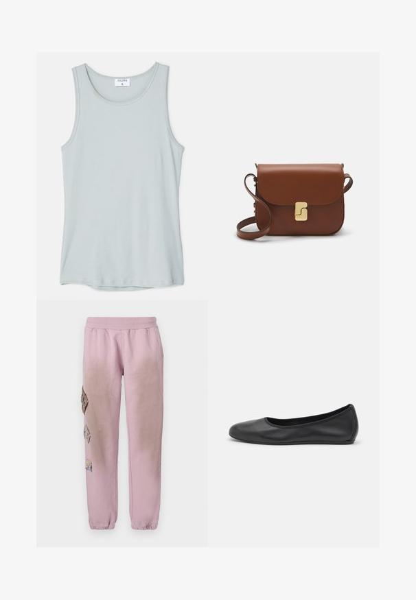 Filippa K TANK - Top - thundersto; Rosa Sweatpants mit elastischem Bund, verziert mit dekorativen Patches in Diamantform auf der linken Seite und elastischen Bündchen an den Knöcheln.; Schwarze Leder-Ballettschuhe mit abgerundeter Spitze, glatter Textur, minimalen Nähdetails und einem flexiblen Sohlen-Design.; Braune Ledertasche mit Klappenverschluss, Beschlägen in Goldfarbe, einem Schultergurt und einer glatten Oberfläche. Kompakte rechteckige Form.