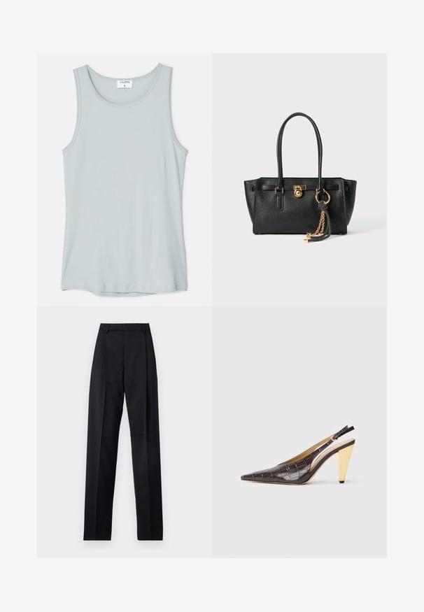 Filippa K TANK - Top - thundersto; Černé kalhoty vyrobené z hladké tkaniny, vybavené vysokým pasem, širokými nohavicemi, předními záhyby a klasickými poutky na opasek. Nejsou viditelné boční kapsy.; Slinbková podpatková obuv s špičatou špičkou v tmavě hnědé lesklé umělé krokodýlí kůži. Obsahuje zlatý geometrický podpatek a nastavitelný páskový pásek kolem kotníku.; Černá kožená kabelka s dvojitými uchy, zlatým zámkem a řetízkem, a černo-bílým třásňovým doplňkem na bílém pozadí.