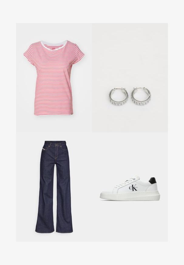 Mads Nørgaard STRIPE TEASY TEE - Trükipildiga T-särk - brilliant white/geranuim; Tumedates sinised laiad teksad denimpesus, kõrge vöökohaga, mis on varustatud oranžide õmblustega, viie-taskulise disaini ja nööbiga kinnitusega.; Valge madalate sokkidega jooksutoss, millel on must konts, platvormi tallad, paelad ja Calvin Kleini "CK" logo küljel.; Hõbedased rõngassõrmed tekstureeritud disainiga, kus on vertikaalsed sooned. Ümmargune kuju ja kindel lukustus. Sile viimistlus.