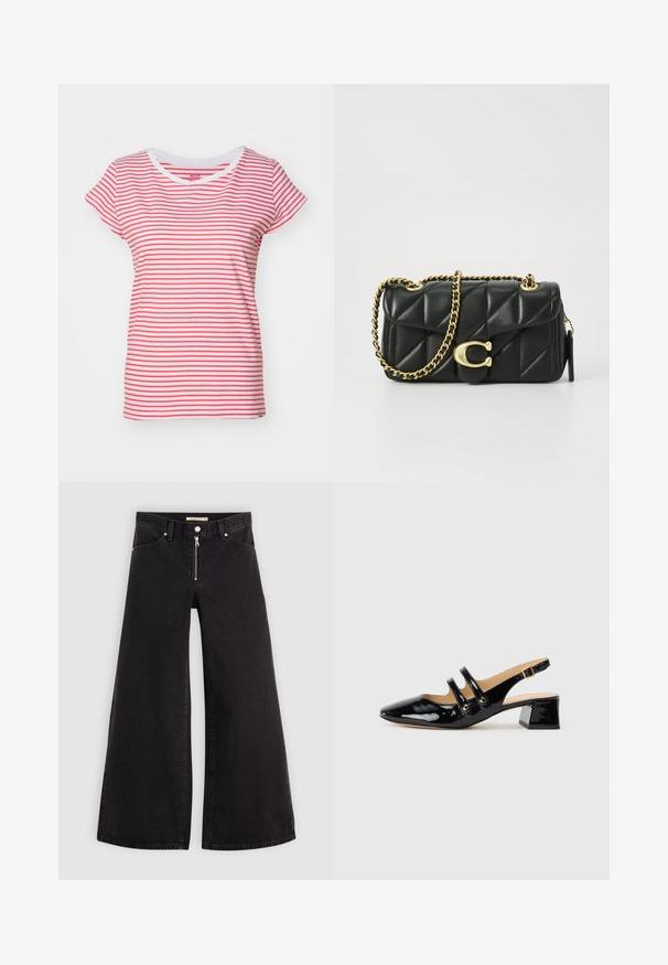 Mads Nørgaard STRIPE TEASY TEE - Majica kratkih rukava s printom - brilliant white/geranuim; Široke traperice od crnog denima s prednjim zatvaračem, dizajnom s pet džepova i suptilnim detaljima šivanja. Glatka tekstura i ležeran stil.; Crne lakirane slingback cipele s špicastim prstom, dva remena, zlatnim kružnim detaljima i niskom blok petom.; Crna pravokutna torba od quiltane kože s zlatnim lančićem i kopčom na preklop koja ima okrugli akcent. Kompaktna pravokutna forma.