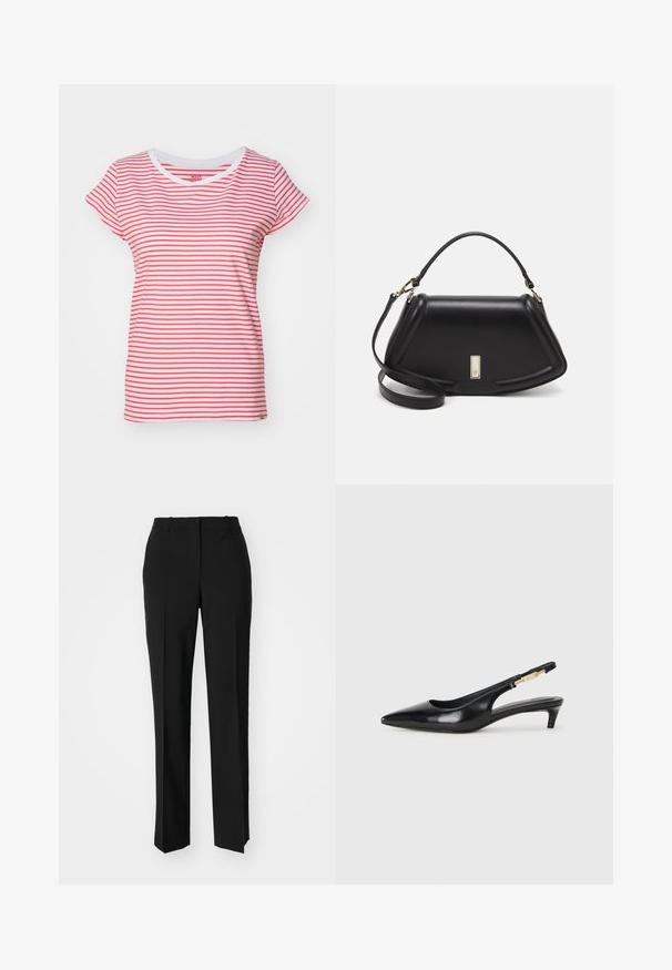 Mads Nørgaard STRIPE TEASY TEE - Camiseta estampada - brilliant white/geranuim; Pantalones negros ajustados con un diseño de pierna recta, que presentan una textura suave y pliegues nítidos en el frente. Sin herrajes visibles.; Tacones negros de piel sintética tipo slingback con punta afilada, que cuentan con un tacón delgado y un detalle en tono dorado en la correa ajustable. Textura suave.; Bolso de mano de cuero negro con un diseño estructurado, que presenta una forma recortada, asa superior y acentos en dorado. Correa de hombro ajustable incluida.