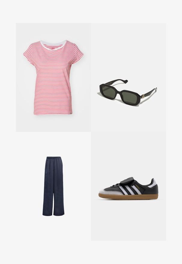 Mads Nørgaard STRIPE TEASY TEE - Majica kratkih rukava s printom - brilliant white/geranuim; Mornarsko plave hlače širokih nogavica izrađene od glatke tkanine s elastičnim pojasom i bez vidljivih metalnih dijelova. Imaju opušteni kroj i punu duljinu.; Crne kožne i sive nubuk tenisice s bijelim prugama, gumeni potplat, vezivanje sprijeda i Velcro remen. Sadrži "Samba" brendiranje u zlatnoj boji.; Crne pravokutne sunčane naočale s tamnozelenim lećama, s sjajnim završetkom i zlatnim logom s strane.