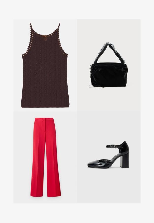Strikket burgunder topp med diamantmønster, bølgende kanter, og lyse treperle detaljer langs stroppene.; Røde vide bukser med en glat tekstur, flad talje og et strømlinet design, der har folder foran og en skræddersyet pasform.; Sorte lakk lær høye hæler med firkantet tå, ankelrem og chunky hæl. Inkluderer perforerte detaljer langs kanten.; Svart veske i faux lær med tekstur, med en perlet sølvdetalj langs det øverste håndtaket og en kjede-rem.