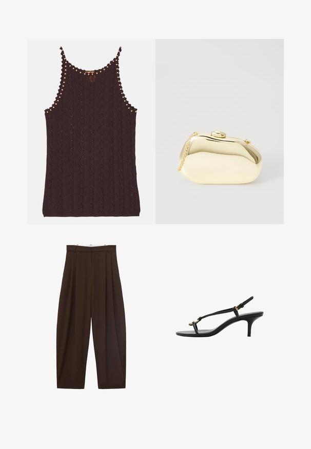 Pletený vínový top bez rukávů s diamantovým vzorem, zvlněnými okraji a lehkými dřevěnými korálky na ramínkách.; Hnědé kalhoty s vysokým pasem a sklady, vyrobené z hladké látky. Volný střih, rovné nohavice, obsahující poutka na opasek a zip.; Černé kožené sandály na kotníkovém podpatku s tenkými pásky, zlatou sponou a minimalistickým provlečením na prstech na bílém pozadí.; Metalická zlatá kabelka s hladkým, zaobleným tvarem, opatřená horním zapínáním na knoflík a malým řetízkovým popruhem pro nošení.