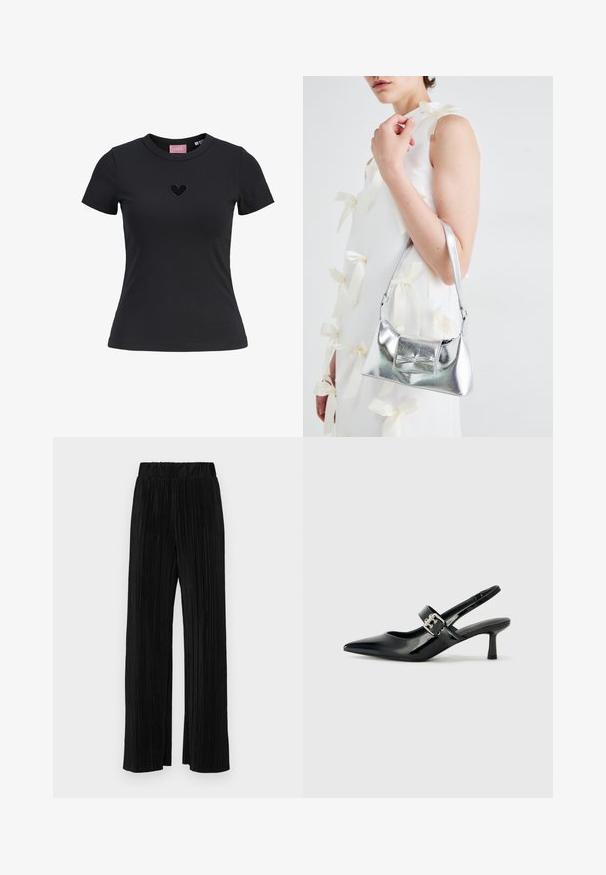 Camisola preta de manga curta feita de tecido suave, com um pequeno detalhe de coração bordado no peito e decote redondo.; Calças pregueadas pretas com uma cintura elástica. Apresentam pernas largas e um tecido liso, texturizado com riscas verticais.; Saltos slingback em verniz preto com bico pontiagudo e um pequeno salto bloco, apresentando um detalhe de fivela prateada na tira.; Bolsa metálica prateada com uma forma estruturada, apresentando uma alça superior e um detalhe de laço na frente. Textura suave, acabamento reflexivo.