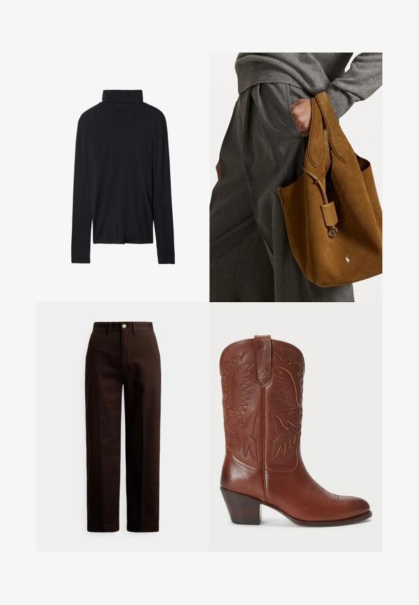 Black long-sleeve turtleneck top with a fitted design, smooth texture, and a high collar, featuring stitched hems and no visible patterns.; Dark brown straight-leg pants with button and zipper closure, belt loops, and front pockets against a white background.; Brown leather cowboy boot with pointed toe, embossed western design, and a stacked heel. Features stitching and smooth texture.; Brown suede tote bag with rounded shape, dual handles, and a metal hardware accent. Features a small logo on the front.