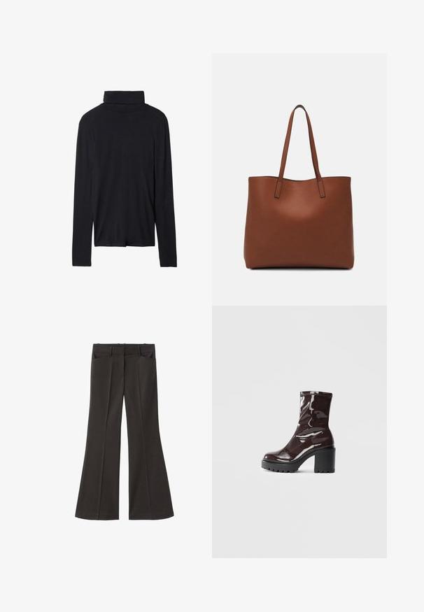 Černý dlouhý rukáv rolák s přiléhavým střihem, hladkým texture a vysokým límcem, s prošitými lemy a bez viditelných vzorů.; Černé rozšířené kalhoty s vysokým pasem; mají dvě přední kapsy a hladkou texturu látky. Vhodné pro různé příležitosti.; Lesklá bordó kotníková bota s masivním černým podpatkem, se hladkým povrchem a jednoduchým designem. Žádné viditelné zapínání ani vzory.; Hnědá kožená taška přes rameno s hladkou texturou, otevřeným designem a dvěma ramenními popruhy. Obsahuje minimální švy a žádné viditelné kovové prvky.
