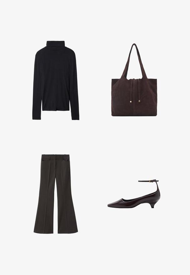 Black long-sleeve turtleneck top with a fitted design, smooth texture, and a high collar, featuring stitched hems and no visible patterns.; Black flared trousers with a high waist; features two front pockets and a smooth fabric texture. Suitable for various occasions.; Dark brown pointed-toe leather kitten heel shoe with a thin ankle strap and a small gold buckle.; Mango Tote bag - dark brown