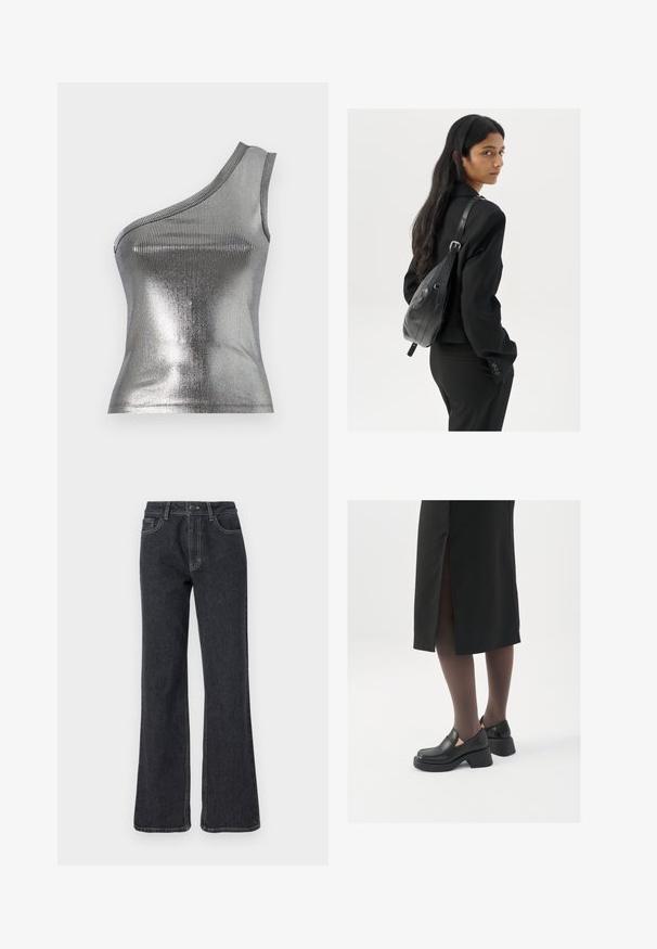 JJXX FUNDA ONE SHOULDER SHINE - Top - silver; Temno modre širše kavbojke z visokim pasom, ki imajo zlate šive, pet žepov in gumbasto zapiranje. Gladka tekstura, ravne noge.; Črne usnjene čevlje s zaobljenim prstom, debelim blokastim petama in elastičnimi stranskimi detajli, v kombinaciji s temno nogavicami in črno krilo z razporkom.; Ženska z dolgimi temnimi lasmi, oblečena v črn kostim, nosi črno usnjeno torbo čez ramo in se ozira čez ramo proti beli podlagi.