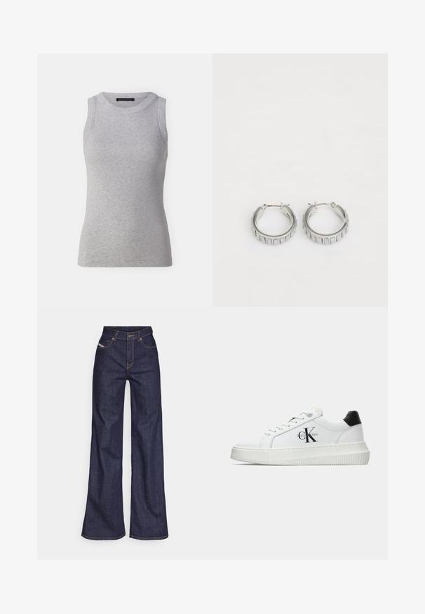 Graues ärmelloses Tanktop aus geripptem Stoff. Verfügt über einen runden Halsausschnitt und eine körperbetonte Form. Einfaches Design, keine sichtbaren Muster oder Akzente.; Dunkelblaue weite Jeans aus Denimstoff mit hoher Taille, ausgestattet mit orangefarbenen Nähten, fünf Taschen und einem Knopfverschluss.; Weiße Low-Top-Sneaker mit schwarzem Fersenpatch, Plateau-Sohle, Schnürsenkeln und Calvin Klein "CK"-Logo an der Seite.; Silberne Creolen mit texturiertem Design und vertikalen Rillen. Kreisförmige Form mit sicherem Verschluss. Glatte Oberfläche.