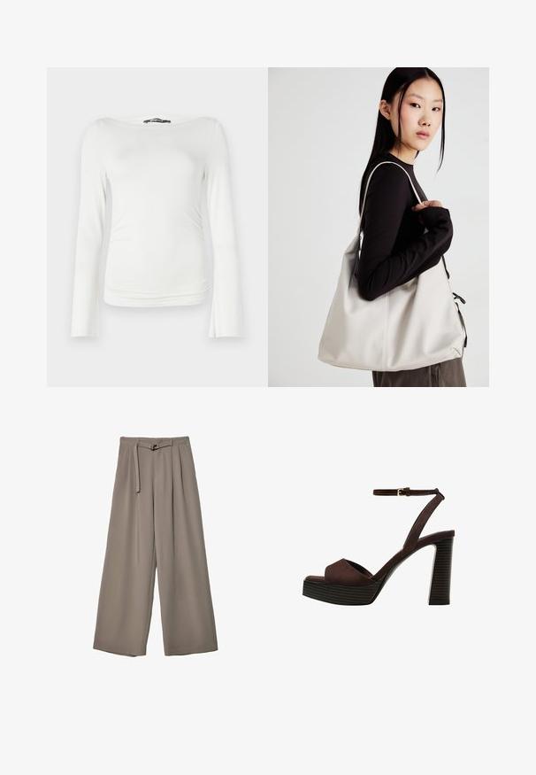 Valkoinen pitkähihainen paita, joka on valmistettu sileästä kankaasta ja jossa on vartalonmyötäinen siluetti. Paidassa on leveä venepääntie ja hienovarainen r gathering vyötäröllä.; Suurille lahkeille housuille pehmeässä, hillityssä harmaassa kankaassa, jossa on vyötäröllä vyö ja lisää muotoilun yksityiskohtia kuploissa. Sileä rakenne, ei kuvioita.; Ruske kožne sandale s visokom potpeticom, otvorenim prstima, podesivim kopčanjem oko gležnja i prugastim platformskim đonom.; Beige laukku, joka on valmistettu pehmeästä materiaalista, ja siinä on rento muotoilu, ommeltu yksityiskohtia ja kaksi olkahihnaa. Sopii päivittäiseen käyttöön.