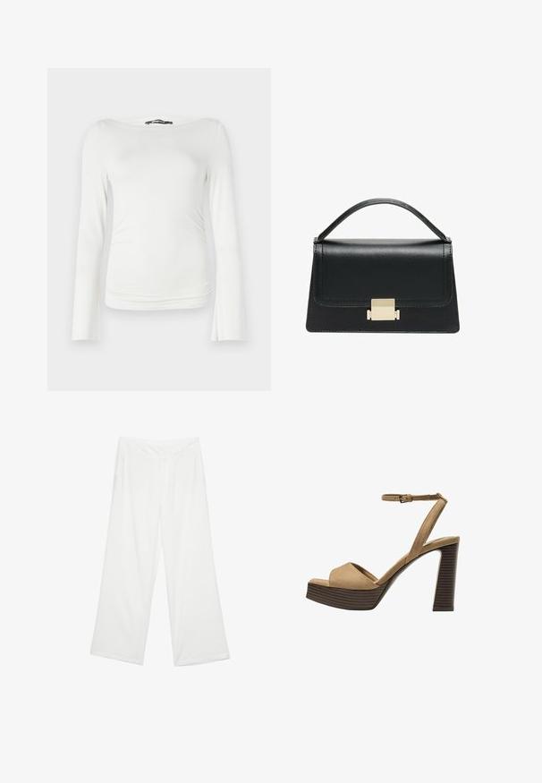 Valkoinen pitkähihainen paita, joka on valmistettu sileästä kankaasta ja jossa on vartalonmyötäinen siluetti. Paidassa on leveä venepääntie ja hienovarainen r gathering vyötäröllä.; Valkoiset leveälahkeiset housut, joissa on sileä rakenne, etutaskut ja klassinen vyötärö vyölenkeillä.; Beige-nahkareunaiset korkokengät, joissa on leveä etuolka ja ankle strap, varustettu paksulla puukengän korolla, jossa on tekstuuripinta.; Musta nahkakäsilaukku, jossa on jämäkkä muotoilu, yläkahva ja kultainen metallisolki edessä. Sujuva pinta, minimaalinen ompelu.