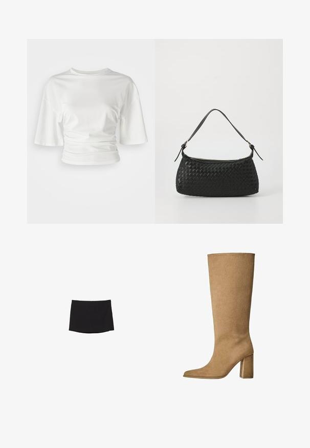 Valkoinen lyhythihainen paita, jossa on pyöreä pääntie ja kerättyjä sivuja. Paita on valmistettu pehmeästä ja sileästä kankaasta, ja se on hieman väljä.; Musta minihame, joka on valmistettu sileästä, joustavasta kankaasta; siinä on suora leikkaus, huomaamaton helma ja ei näkyviä kiinnittimiä tai kuvioita.; Vaaleanruskeat mokka pitkävartiset saappaat, joissa on loiva korko, terävä kärki ja sileä pinta. Minimalistinen muotoilu ilman koristeita.; Mustan kudotun olkalaukun, jossa on sileä nahkahihna ja vetoketjukiinnitys. Mahdollistaa teksturoituneen pinnan ja kaarevan muodon.