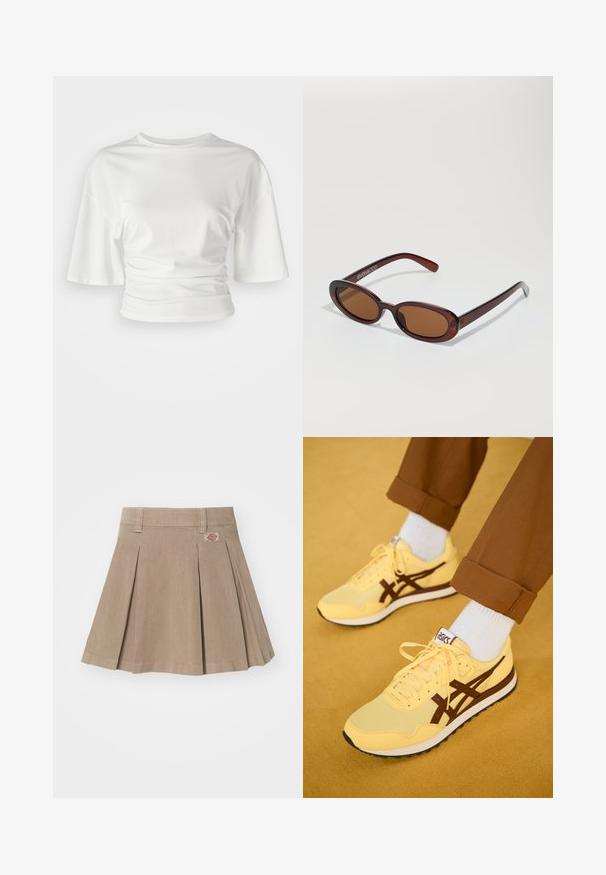 White short-sleeve shirt with a crew neckline and gathered sides, made of soft fabric with a smooth texture and slightly loose fit.; Beige pleated skirt made from a textured fabric. Features a waistband with belt loops and a logo patch on the front left side.; Yellow athletic shoes with brown accents, mesh and fabric materials, featuring a lace-up front and a rubber sole, paired with white socks.; Round, brown-tinted sunglasses with a glossy burgundy frame. Slim arms with subtle branding detail. Flat lens design.; Snake-print handbag with a curved handle. Made from textured, beige and brown materials, featuring a distinctive diamond pattern.