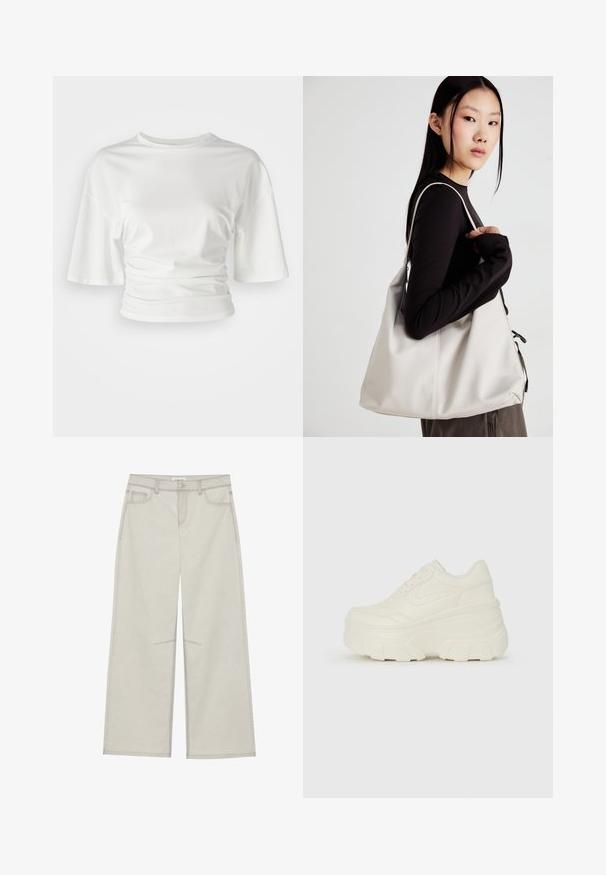 Camisa branca de manga curta com decote redondo e laterais franzidas, feita de um tecido macio com uma textura suave e um corte ligeiramente solto.; Calças largas de um cinza claro com cinco bolsos, fecho frontal com botão e costuras em contraste ao longo das emendas. O tecido parece suave e durável.; Tênis brancos de plataforma com um cabedal suave semelhante a couro, formato arredondado, colarinho acolchoado e sola de borracha texturizada com ranhuras bem definidas.; Uma bolsa bege feita de material macio, com um design descontraído, detalhes de costura e duas alças para o ombro. Adequada para uso diário.