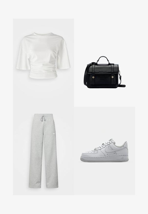 Bílá košile s krátkým rukávem a kulatým výstřihem, na bocích řasená, vyrobena z měkké látky se hladkým povrchem a mírně volným střihem.; Šedé tepláky s elastickým pasem, detaily se šňůrkou a malým bílým logem Nike na levém stehně. Měkká tkanina, volný střih.; Bílé kožené tenisky s nízkým designem, kulatou špičkou, perforovanými detaily a texturovanou gumovou podrážkou. Obsahují šedé akcenty na jazyku.; Černá kožená kabelka přes rameno se strukturovaným designem, vrchní rukojetí, nastavitelným popruhem, přední klopou a kovovými akcenty. Na přední straně obsahuje logo.