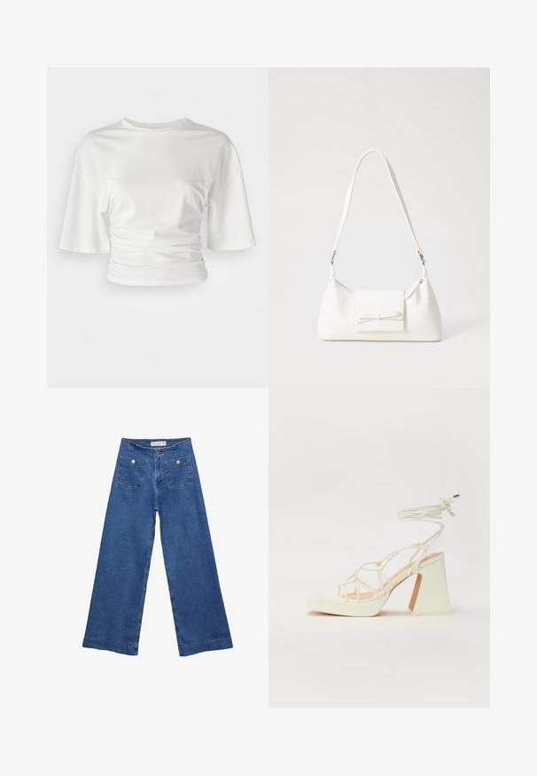 Weißes T-Shirt mit kurzen Ärmeln und Rundhalsausschnitt, mit gerafften Seiten, aus einem weichen Stoff mit glatter Textur und leicht lockerer Passform.; Denim-Hosen im weiten Schnitt mit einer mittleren blauen Waschung, zwei Vordertaschen mit Knopfverschluss und genähten Details entlang der Säume.; Weiße High-Heel-Sandale mit einem klobigen Absatz, die über ein Riemchendesign und ein Knöchelband verfügt. Glatte Textur mit einer Plattform vorne für zusätzliche Höhe.; Weiße synthetische Handtasche in dreieckiger Form, flache Vorderklappe und Schleifendetail, verstellbarer Trageriemen, glatte Textur und minimalistisches Design.
