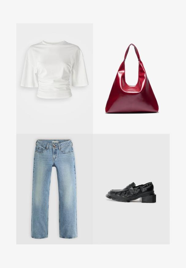 Biała koszula z krótkim rękawem, z okrągłym dekoltem i marszczeniami po bokach, uszyta z miękkiego materiału o gładkiej fakturze i nieco luźnym kroju.; Jasnoniebieskie dżinsy o prostym kroju, wykonane z denimu, z zapięciem na guzik, pięcioma kieszeniami i subtelnym wyblaknięciem na nogawkach.; Czarne skórzane mokasyny z usztywnioną podeszwą, z lekko podniesionym obcasem w kształcie bloku i teksturowanym wierzchem, zapinane na przedni pasek.; Czerwona, błyszcząca skórzana torebka o trójkątnym kształcie, z szerokim otwarciem na górze i pojedynczym, zaokrąglonym uchwytem. Gładka tekstura z minimalnymi detalami przeszyć.; Zestaw dwunastu kolczyków w kształcie kółek w odcieniach srebra i złota. Zawiera wzory skręcone, gładkie i fakturowane w różnych rozmiarach i wykończeniach.