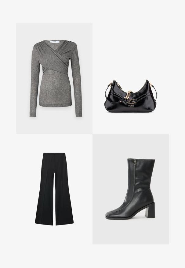 DAY Birger et Mikkelsen KIRA - Longsleeve - charcoal melange; Zwarte wijde-pijpen broek met een gladde textuur, gekenmerkt door voorplooien en een op maat gemaakte uitstraling. De stof is lichtgewicht en vloeiend.; Zwarte leren enkelboot met een vierkante neus, zijrits en chunky vierkante hak. Heeft contrasterende stiksel langs de voornaad.; Zwarte lakleren tas met een gebogen ontwerp, gouden hardware accenten en een prominent logo. Inclusief een afneembare schouderriem.