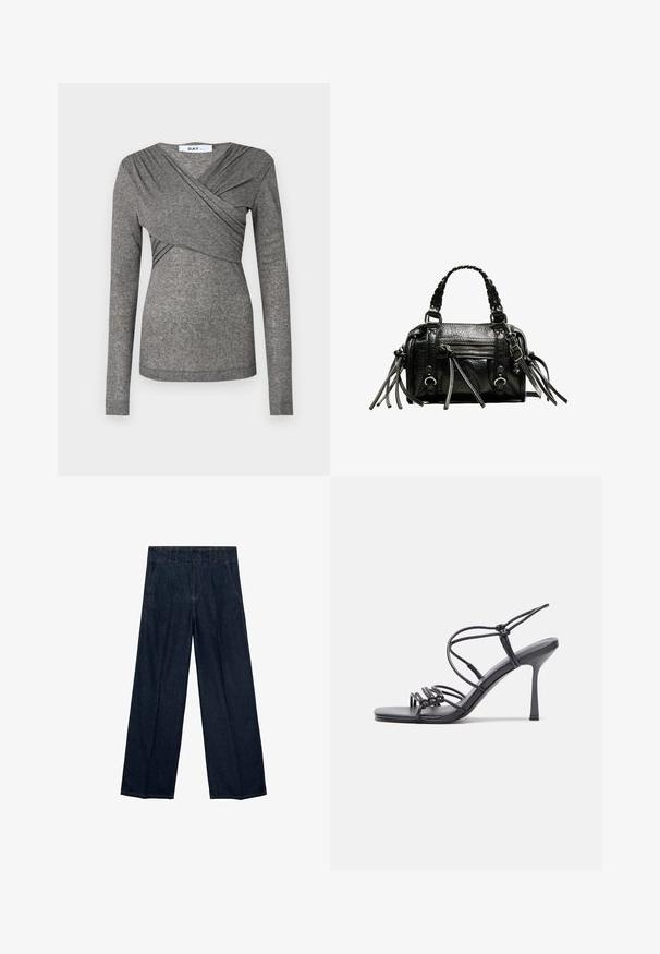 DAY Birger et Mikkelsen KIRA - Top s dlhým rukávom - charcoal melange; Námornícka modrá široká dvojica džínsov s vysokým pásom, záhybmi a tradičným dizajnom s piatimi vreckami, vyrobená z denimu so subtílnymi švovými detailmi.; Čierne sandále na vysokom podpätku majú tenké remienky s uzlovým dizajnom, hladký štvorcový špičku a elegantný stiletto podpätok.; Čierna kožená kabelka s pletenými uchami, textúrovaným povrchom, zipsovým predným vreckom a dekoratívnymi strapcami. Kompaktne tvarovaná a štruktúrovaná.; Strieborné kruhové náušnice s hladkým a lesklým povrchom. Okrúhly tvar, ľahký dizajn, s uzáverom na kolík.