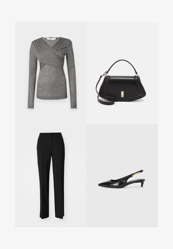 DAY Birger et Mikkelsen KIRA - Long sleeved top - charcoal melange; Black tailored trousers with a straight-leg design, featuring a smooth texture and crisp creases along the front. No visible hardware.; Black leather slingback heels with a pointed toe, featuring a slim heel and a gold-tone accent on the adjustable strap. Smooth texture.; Black leather handbag with a structured design, featuring a cropped shape, top handle, and gold hardware accent. Adjustable shoulder strap included.