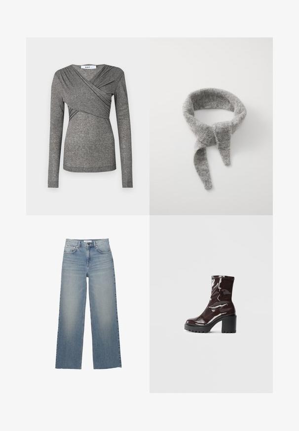 DAY Birger et Mikkelsen KIRA - Langarmshirt - charcoal melange; Helle blaue weit geschnittene Jeans aus Denim mit hoher Taille, vorderen Taschen und einem Knopfverschluss. Glatte Textur mit ausgewaschenen Stellen.; Glatte bordeauxrote Ankle Boots mit einem klobigen schwarzen Absatz, die eine glatte Oberfläche und ein einfaches Design aufweisen. Keine sichtbaren Verschlüsse oder Muster.; Samsøe Samsøe NOR - Schal - grey melange