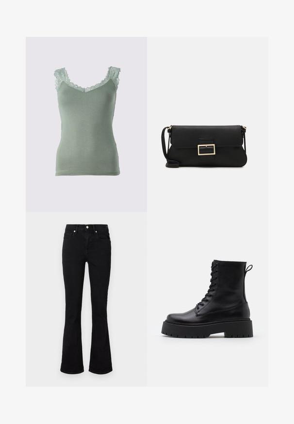 Lichtgroene cami-top met kantafwerking langs de halslijn en schouders. Zacht, glad materiaal met een aansluitend ontwerp en een V-hals.; Zwarte flared jeans van denim, met een middelhoge taille, voorzakken en knoopsluiting. Soepele textuur met minimale stikdetails.; Zwarte leren enkelboots met een ronde neus, vetersluiting aan de voorkant en een dikke rubberen zool met een gestructureerd profiel. Trekbandje aan de achterkant.; Zwarte leren clutch met een klep en een gouden metalen sluiting. Inclusief een zwarte schouderband en een slank, minimalistisch ontwerp.
