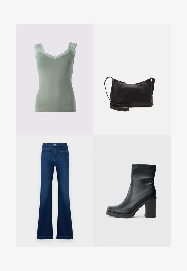 Hellgrünes Spaghettiträgertop mit Spitzeneinsatz am Ausschnitt und den Schultern. Weicher, glatter Stoff mit tailliertem Schnitt und V-Ausschnitt.; Dunkelblaue Schlagjeans aus Denim, mit hoher Taille, zwei Gesäßtaschen und kontrastierenden Nähten entlang der Nähte.; Schwarze Lederknöchelstiefel mit hohem Blockabsatz, glatter Textur, enganliegendem Design und genähten Details am oberen Rand.; Schwarze Ledertasche für die Schulter mit glatter Textur, geschwungener Form, verstellbarem Tragegurt und Reißverschluss. Minimalistisches Design ohne Verzierungen.
