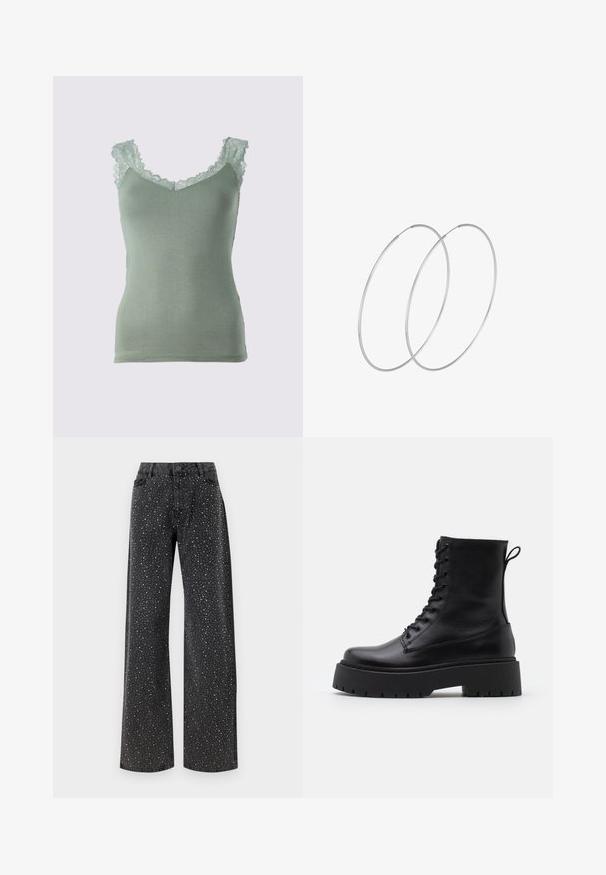 Gaiši zaļš biksīšu tops ar mežģīņu apdari ap kakla izgriezumu un pleciem. Mīksts, gluds audums ar pieguļošu dizainu un V-veida kakla izgriezumu.; Noisy May NMJANNEL LOOSE - Brīva piegriezuma džinsi - black denim; Melni ādas potītēm zābaki ar apļveida purngalu, auklām priekšpusē un biezu gumijas zoli ar teksturētu protektoru. Velkšanas cilpa aizmugurē.; Sudraba gredzenveida auskari ar minimālistisku dizainu. Cirkulāra forma, gluda tekstūra un plāns profils. Vieglu svaru ar spīdīgu apdari.