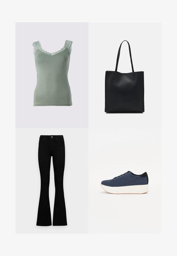 Light green camisole top with lace trim along the neckline and shoulders. Soft, smooth fabric with a fitted design and V-neck shape.; Black high-waist jeans with a button and zip closure, front pockets, and flared legs laid flat on a white background.; Navy blue sneaker with a textured fabric upper, white platform sole, rounded toe, and black heel accent. Features six eyelets for laces.; Black leather tote bag with smooth texture, rectangular shape, and two long handles. No visible hardware or embellishments.
