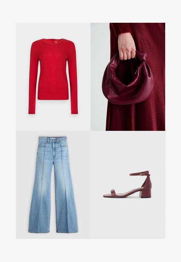 Camisola vermelha de manga comprida feita de algodão macio, com decote redondo e design ajustado. Textura suave sem padrões ou adornos.; Jeans de cintura alta em azul claro, com pernas largas, bolsos dianteiros e traseiros, passantes para cinto e detalhes de costura vertical na parte da frente.; Sandal de couro bordô com ponta quadrada, tira fina no tornozelo, detalhes em dourado e salto bloco robusto. Textura suave e design minimalista.; Bolsa de couro bordô com um design suave e franzido, e uma forma arredondada. A alça é fixa, apresentando uma textura suave.