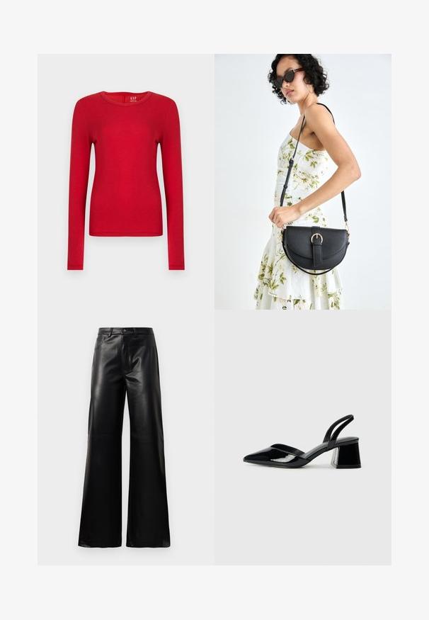 Maglia rossa a maniche lunghe realizzata in cotone morbido, con scollo rotondo e design aderente. Texture liscia senza motivi o decorazioni.; Pantaloni ampi a vita alta in ecopelle neri con bottone frontale, chiusura con zip, passanti per cintura e tasche laterali su sfondo bianco.; Décolleté in vernice nera con punta affusolata e tacco in geometria cubica. Presentano un design elegante e minimalista, con una texture liscia.; Borsa a tracolla nera in pelle con una forma curva, manico rimovibile e accessori dorati. La borsa presenta una patta con un dettaglio a fibbia.