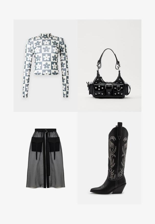 Dugi rukavi, visoki ovratnik, kratki top od rastezljivog materijala s uzorkom čahura u tamnoplavoj i bijeloj boji s cvjetovima. Glatka tekstura.; Crna prozirna suknja s nabranim pojasom, koja ima dva velika prednja džepa, remen oko struka i okrugli metalni detalj.; Crne kožne kauboj čizme s šiljastim prstima, klinastim potpeticama i srebrnim izvezenim cvjetnim uzorcima duž osovine. Kontrastni šavovi posvuda.; Crna kožna torba s zakrivljenim dizajnom, koja sadrži srebrne zakovice, kopču i dva bočna džepa. Podesiva traka za različite opcije nošenja.