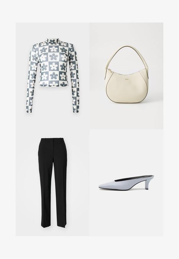 Ilga rankovė, aukštos kaklo trumpa palaidinė iš elastingos medžiagos, su šachmatų raštu, kuriame tamsiai mėlynos ir baltos gėlės. Lygi tekstūra.; Juodi pritaikyti kelnių modeliai su tiesiomis kojomis, pasižyminčios lygiomis tekstūromis ir ryškiomis klostėmis priekyje. Nėra matomų detalių.; Šviesiai mėlynos patentinės odos mules su smailiu priekiu, žemu permatomu kulnu ir stilingu dizainu, turinčiu išpjovą priekyje.; Grietos spalvos rankinė su tekstūruotu paviršiumi, kreivos formos, trumpa rankena ir auksinės spalvos logotipo detalė. Užtrauktuko uždarymas viršuje.